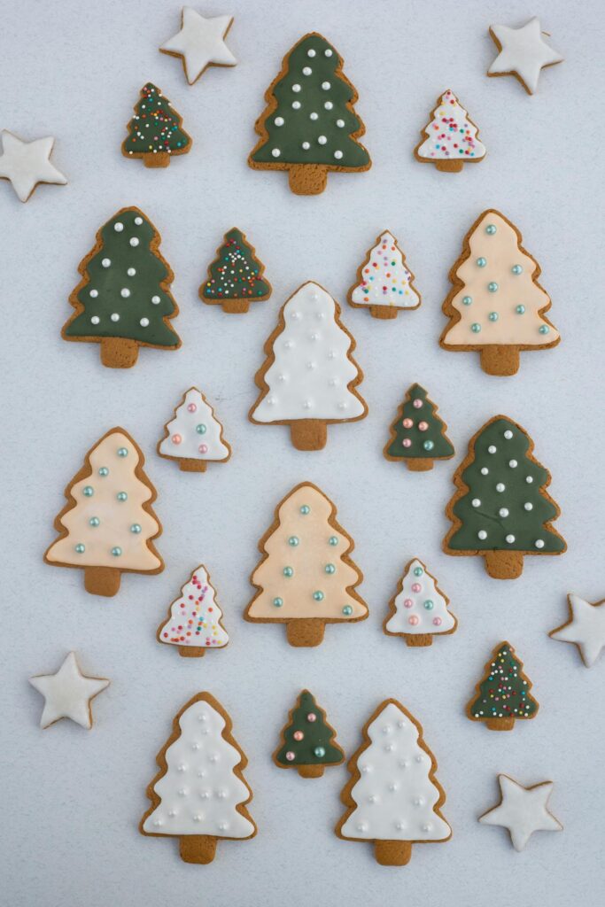 Different Sizes of Christmas Tree-Shaped and Star-Shaped Gingerbread Cookies on White Background