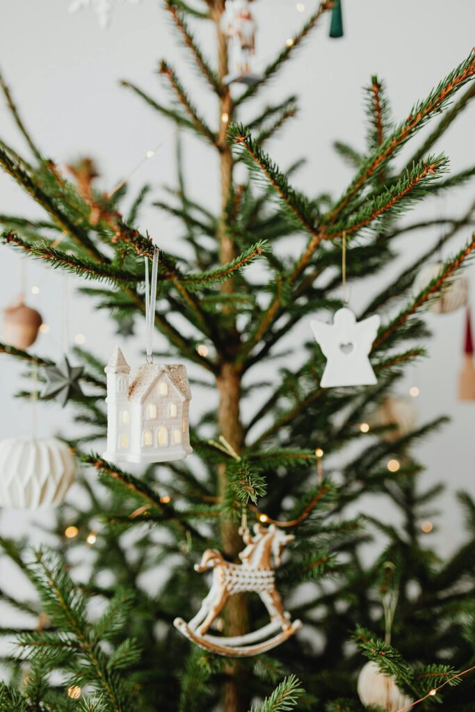 Close-up of a Real Christmas Tree with Ornaments